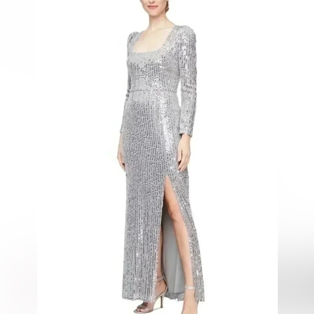 Silver Sequin Long-Sleeve Evening Dress with Side Slit